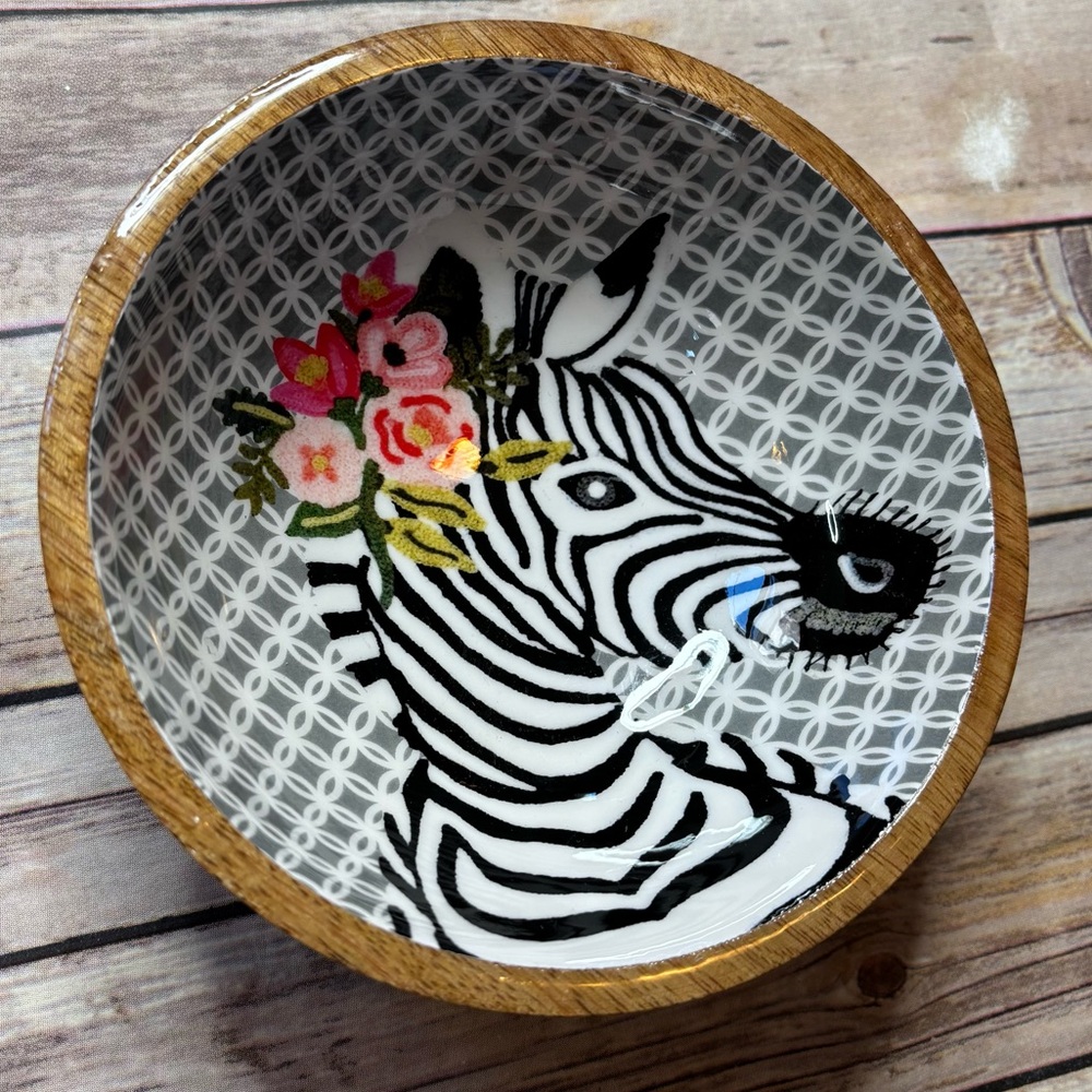 Anthropologie Zebra Art Wooden Bowl with Floral Accent - Picture 2 of 4